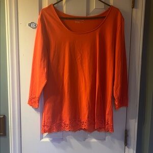 Coldwater Creek Women's Orange 3/4 sleeve 1X Lace Hem Top
